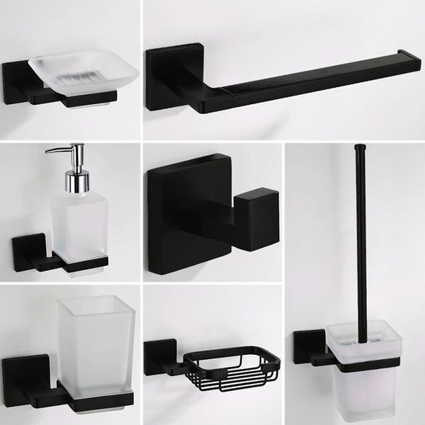

bath accessory set black bathroom hardware sets antique wc paper holder towel ring wall hook toilet brush glass soap dispenser dish basket