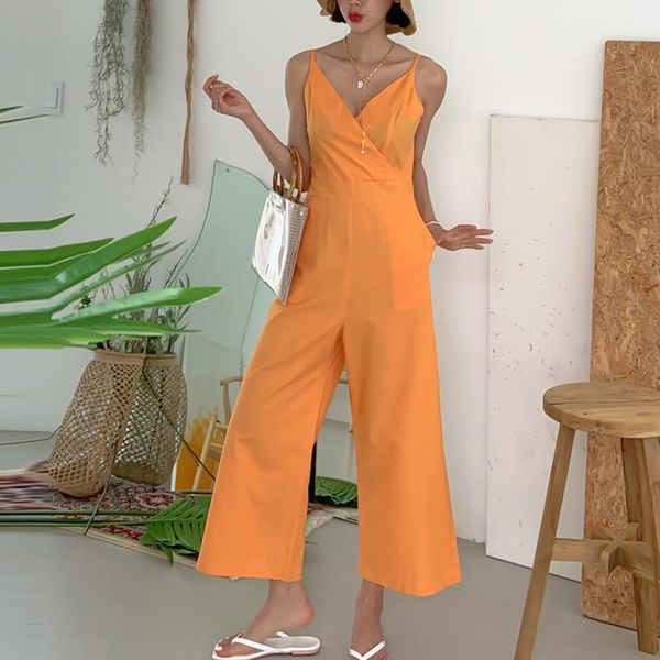 

women's jumpsuits & rompers [ewq] 2021 spring sweet linen jumpsuit female v-neck strap slim waist casual orange wide leg pants, Black;white