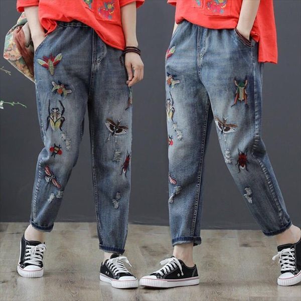 

spring autumn embroidery retro folk women jeans custom cowboy loose harem pants elastic waist womens casual trousers l134, Blue