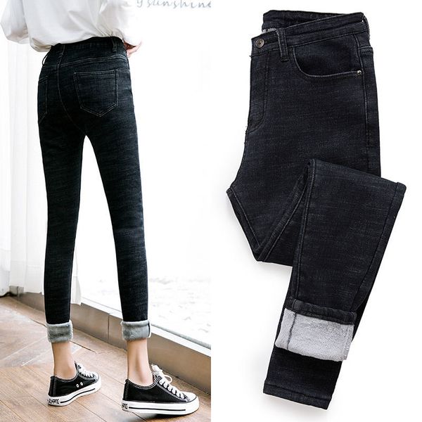 

winter for women gold fleeces thick velvet skinny jeans trousers high waist stretch denim pencil pants, Blue