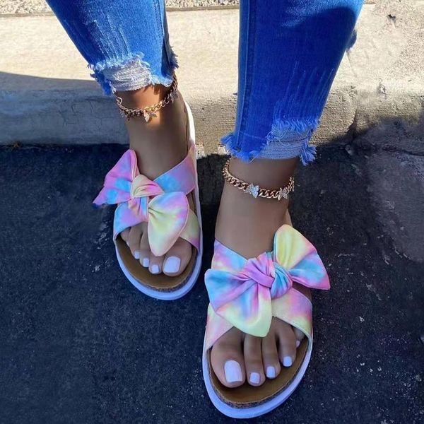 

2021 summer bowknot women's shoes open toe slippers flat sandals fashion printed outdoor women's shoes plus size 43, Black