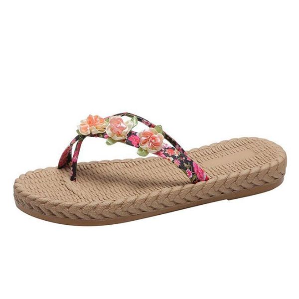 

slippers 2021 summer women cotton and linen outdoor wearing fashion handmade flower beach flat ladies flip-flop, Black