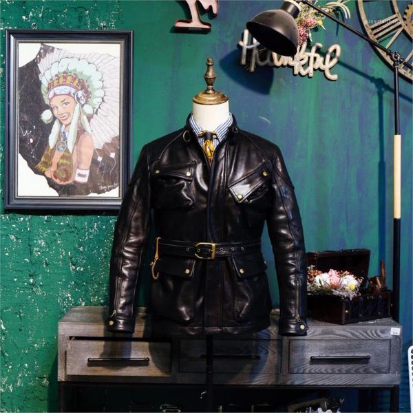 

men's leather & faux american retro jacket batik cowhide may ka ji locomotive long kraft, Black