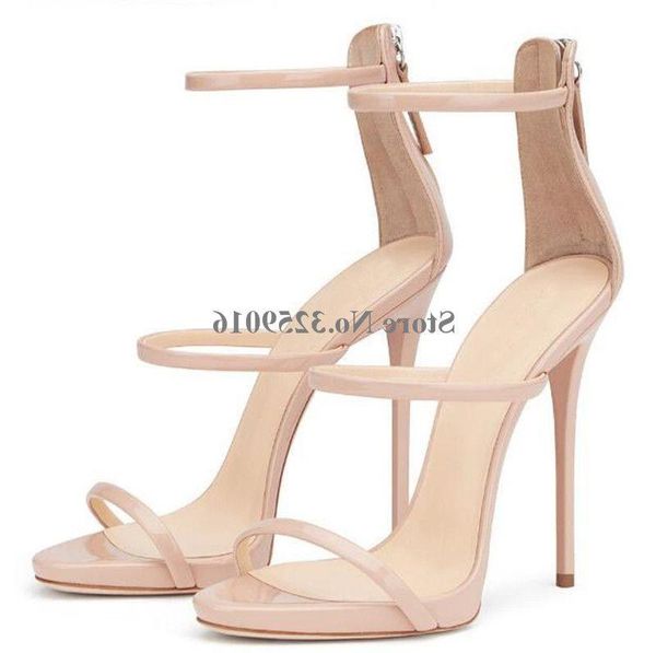 

sandals patent leather high heel brand design women fashion three straps stiletto back zipper-up gold silver, Black