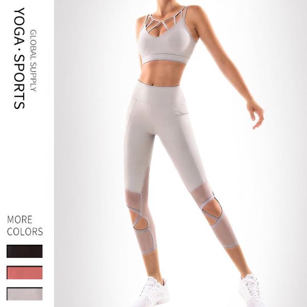 

women's two piece pants summer woman yoga set bandage shockproof fitness bra sportswear + gauze patchwork running leggings women 2021 t, White