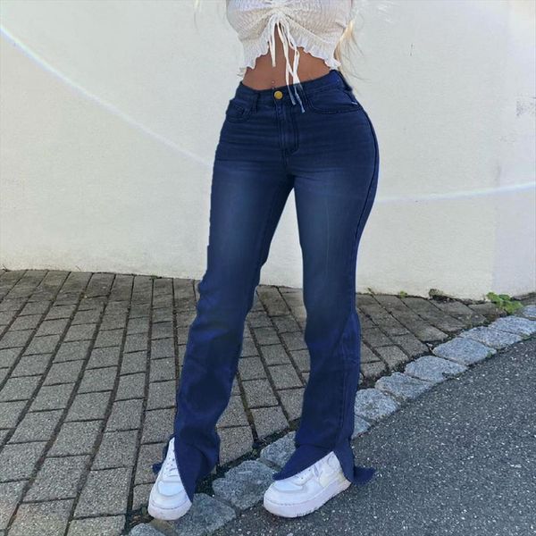 

blue flare pants womens jeans high waist slim ankle split denim trousers office lady boot cut pant female