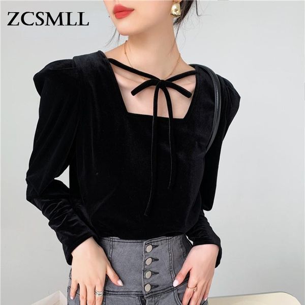

women's blouses & shirts zcsmll velvet black puff sleeve backless womens and square neck long korean fashion ladies autumn, White