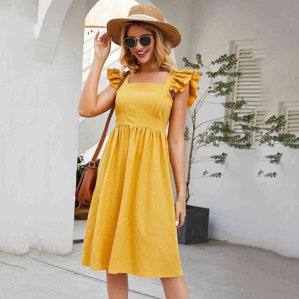 

dress cotton ruffles backless mini dress women 2021 summer sleeveless lace up square collar ladies yellow brown elegant dresses gcny, Black;gray