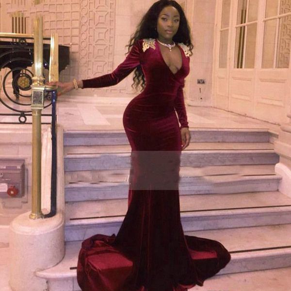 

modest burgundy velvet prom dresses arabic africa v neck long sleeves appliqued formal party gown with gold lace appliued, Black