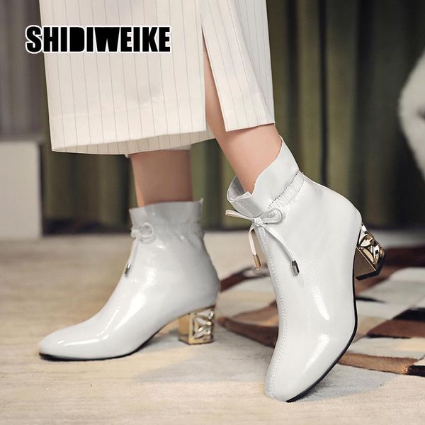 

boots 2021 winter fashion pu leather thick high heels square toe ladies shoes ankle lace-up woman v780, Black