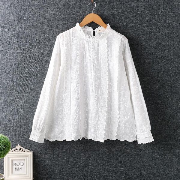 

women's blouses & shirts 2021 summer stock shirt embroidery cotton white ruffled collar long sleeve blouse rv763