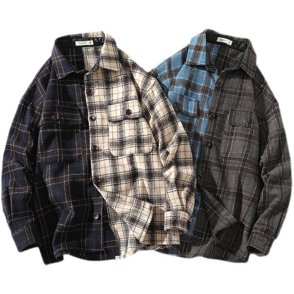 

men's casual shirts fall 2021 splicing plaid brushed woolen shirt male shadowless wall model plus size long-sleeved jacket, White;black