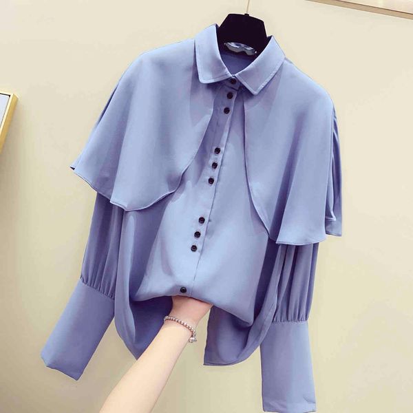 

blouses ruffle blue chiffon shirt women's spring long-sleeve retro sweet loose-fit shirts blusa feminina bluzki damskie, White