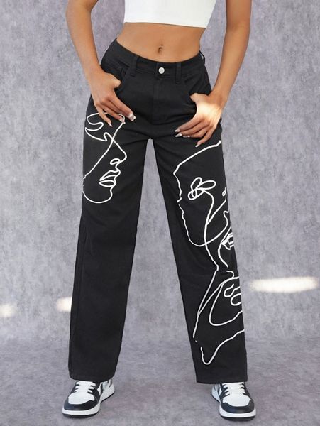 

figure graphic wide leg jeans 33v8#, Blue