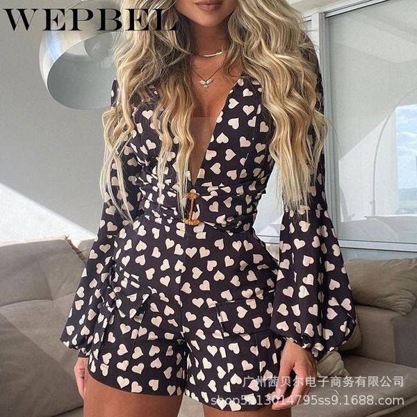 

women's jumpsuits & rompers mandylandy women spring autumn elegant heart print short playsuit with belt lady long lantern sleeve deep v, Black;white