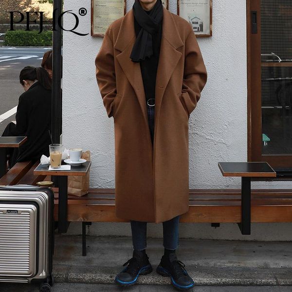 

men's wool & blends pfhq autumn winter woolen coat men mid length korean fashion mens loose single button tweed clothes 21d2667, Black