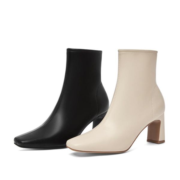 

boots women's high heel 2021 autumn square toe thick heels boot women side zipper beige fashion shoes woman banquet booties, Black