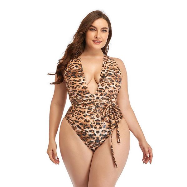 

leopard one piece swimsuit women's plus size bandage swimwear deep v neck swimming suit high leg bathing large girl one-piece suits