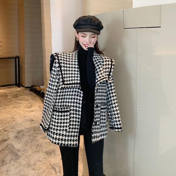 

women's wool & blends jacket women coat autumn and winter loose houndstooth woolen veste manteau femme, Black