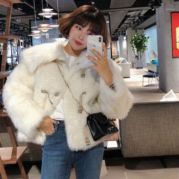 

women's fur & faux 2021 women autumn winter imitation coat lady turn-down collar long sleeve jacket female casual motorcycle outerwear, Black