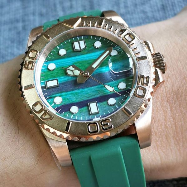 

wristwatches rose gold automatic men watch 24 jewels nh35a movement rainbow dial date magnifier rubber strap screwdown crown, Slivery;brown