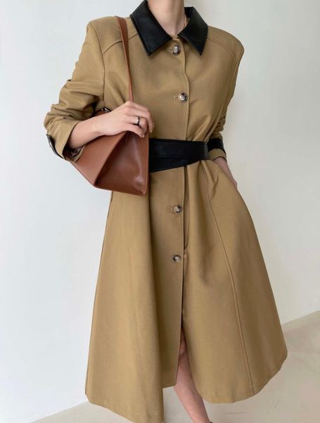 

women's trench coats superaen 2021 autumn turn down collar single breasted casual long a line color block coat for women, Tan;black