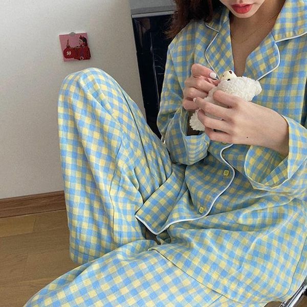 

cute winter long sleeve leisure womens sleepwears korean purple homewear pajamas nightwear for women grid girls suit loose set z8k5, Black;red