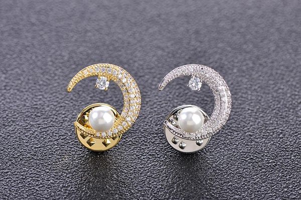 

pins, brooches 22x19mm zircons pearl crescent moon collar ornament pin brooch fashion costume jewelry accessory, Gray