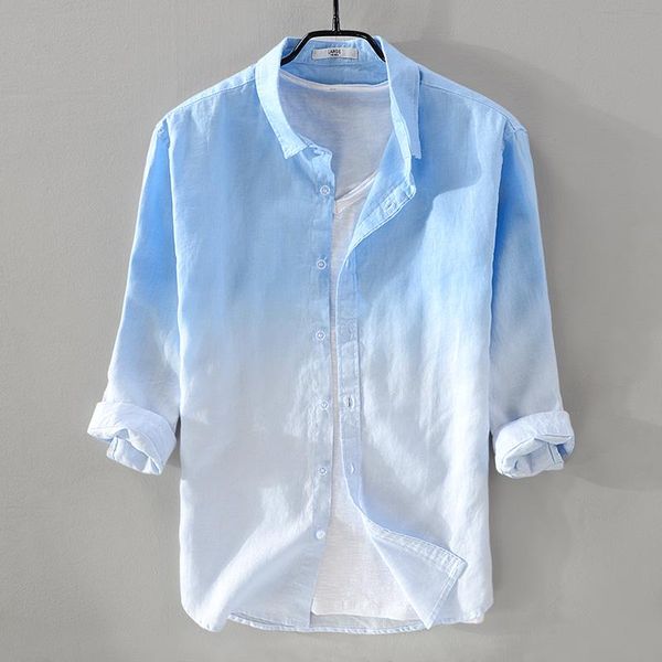

men's casual shirts gradient shirt for men 100% pure linen long sleeve male solid three quarter button down clothes, White;black