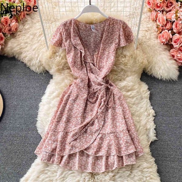 

neploe summer woman dress high waist slim vintage vestidos female v-neck lace up irregular ruffles dresses floral robe 210422, Black;gray