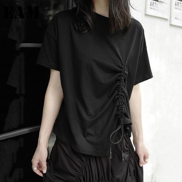 

women's t-shirt [eam] women black drawstring irregular split big size round neck short sleeve fashion tide spring summer 2021 1y521, White