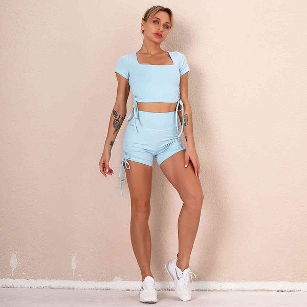 

women's tracksuits selling hip curling bow yoga suit solid short sleeve shorts sports running fitness pants, Gray