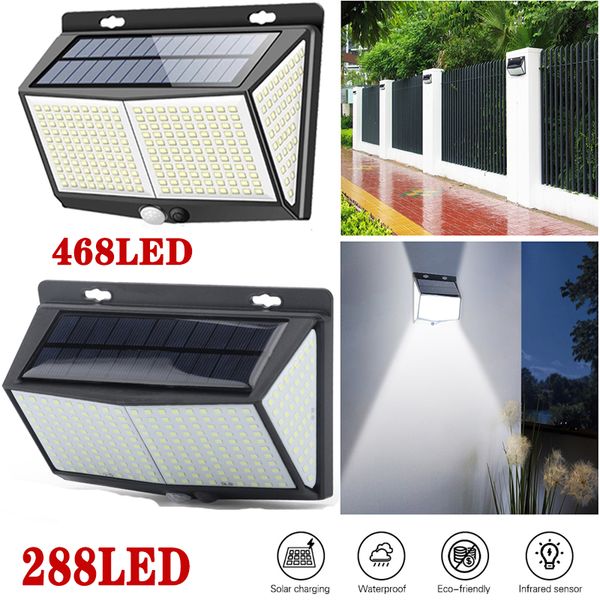 LED Solar angetriebene Lampe 3 Modi IP65 Wasserdichte Leuchten Bewegungssensor 468 288 LEDs Automatische Beleuchtungswandmontage Home Street Dekoration Gang Umgebungslampen