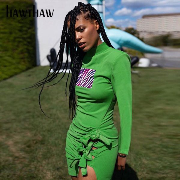

casual dresses hawthaw women fashion autumn long sleeve bodycon green mini dress streetwear 2021 fall clothes wholesale items drop, Black;gray