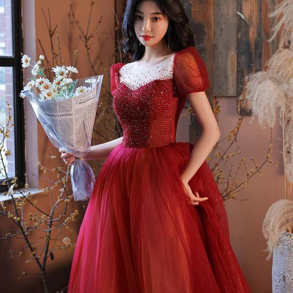 

ethnic clothing burgundy rhinestone princess a-line qipao summer women bride wedding gown lace short sleeve cheongsam vestidos de feata, Red