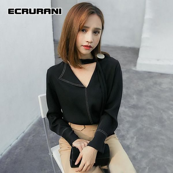 

women's blouses & shirts ecrurani patchwork black casual shirt for women v-neck long sleeve slimming solid minimalist blouse female 202, White
