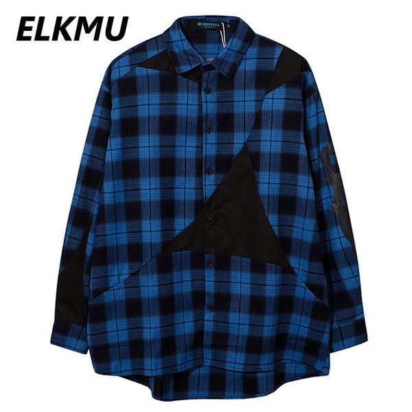 

men's casual shirts elkmu mens patchwork plaid shirt harajuku streetwear autumn long sleeve jackets oversized fashion male hm427, White;black