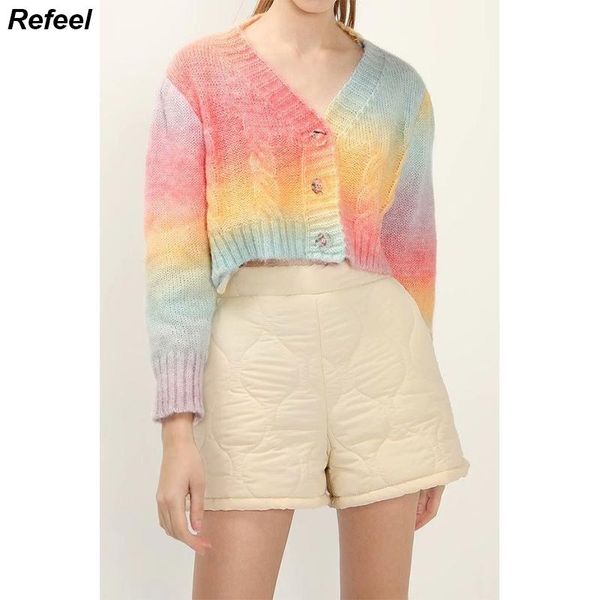 

women's knits & tees ladies spring and autumn fashion rainbow blooming knitted cardigan sweater retro chic v-neck long-sleeved short to, White