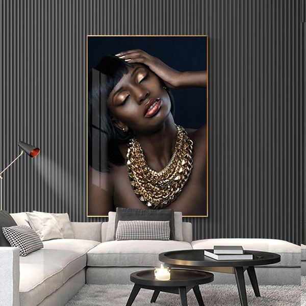 Nude africano mulher ouro menina colar retrato lona pintura cuadros cartazes e impressões de parede de parede para a decoração da sala de estar