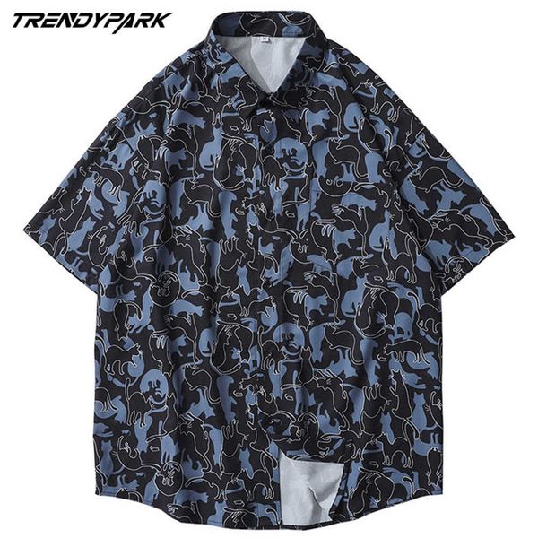 

men's summer short sleeve shirts lucky black cats print casual oversize single-breasted turn-down collar shirt 210601, White;black