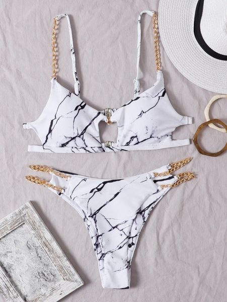 

marble print chain linked bikini swimsuit d6mg#, White;black