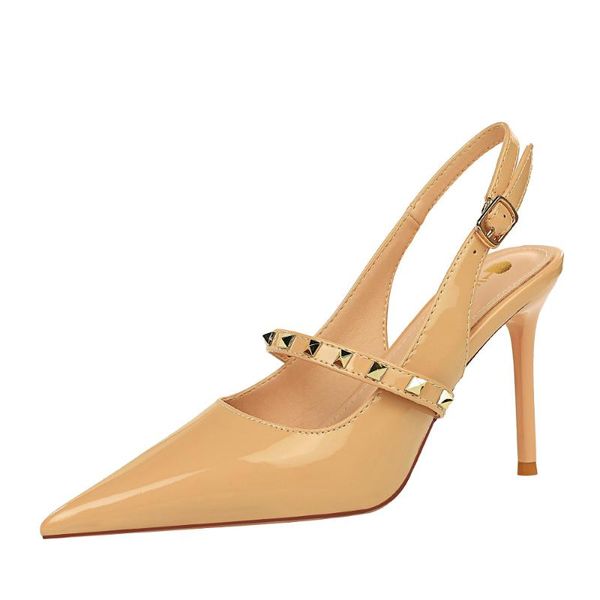 

dress shoes european and american style slim heel super high shiny patent leather shallow mouth pointed metal rivets with, Black