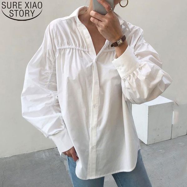 

spring plus size blouse white turn-down collar korean loose women puff sleeve vintage casual cotton shirt 12364 women's blouses & shir