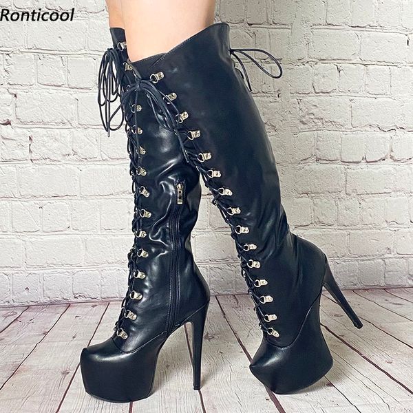 

rontic women winter platform knee boots lace up side zipper stiletto heels round toe black cosplay shoes plus us size 5-20