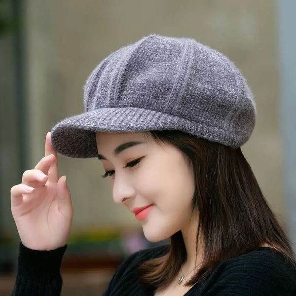 

autumn and winter beret women's cashmere octagonal hat korean version japanese british fashion sweet pumpkin painter's hat, Blue;gray