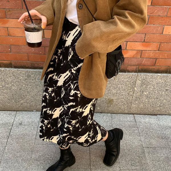 

skirts alien kitty 2021 women retro high waist split printing loose long casual office lady elengant female clothe, Black