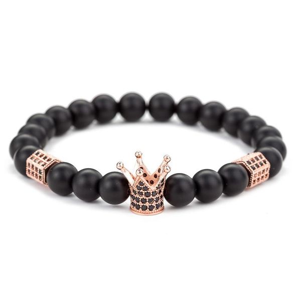 

beaded, strands fashion 8mm black lava stone beads bracelet with gold silver color alloy crown for women men couple bangles jewelry