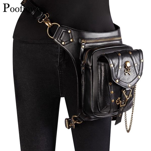 

pooflower punk style men waist bag vintage pu leather black moto belt leg outdoor running bum women crossbody zh089 bags