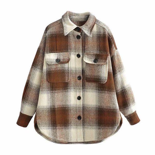 

women's wool & blends fashion plaid woolen jackets autumn blended coat retro single breasted casual lattice shirt jacket female top, Black