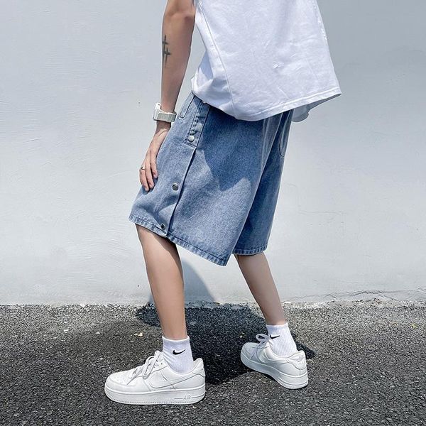 

men's shorts both side button casual fashion summer korean men streetwear knee length denim pants black/blue, White;black